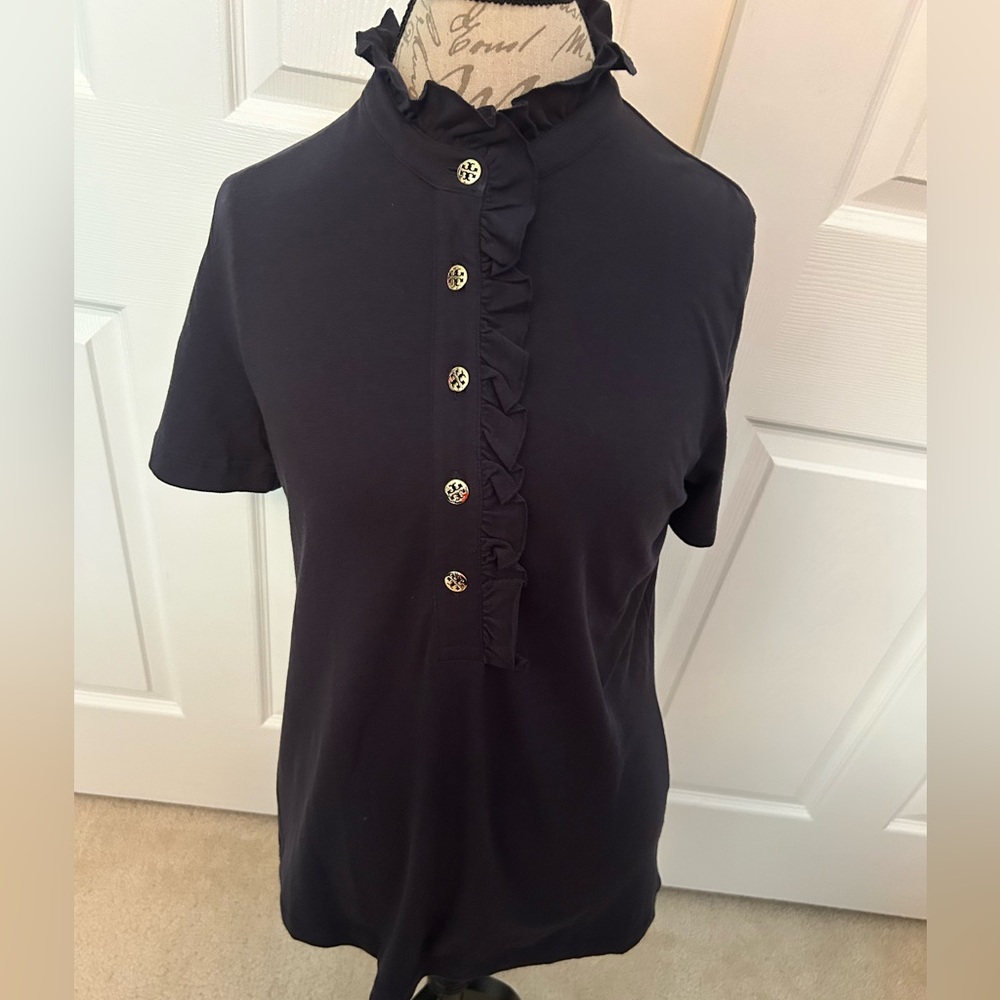NWT Tory Burch Blue Short Sleeve Ruffled Button Down Shirt